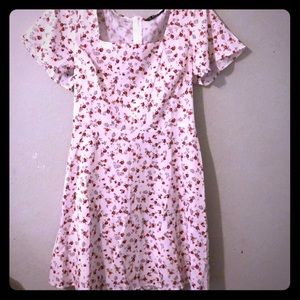 White square neck dress with red flowers.